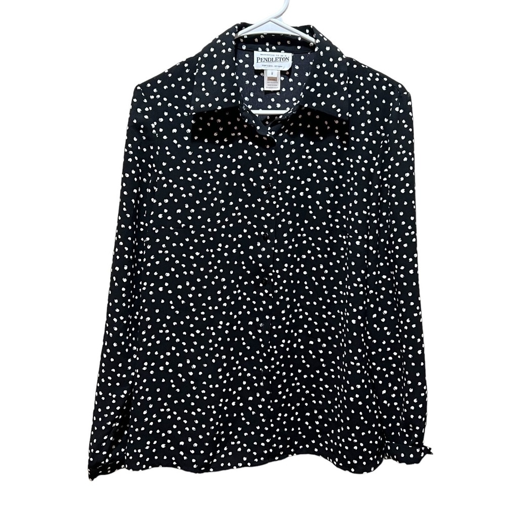 Pendleton Shirt Womens Size 8 Black Polka Blouse Top Career Classic Core
